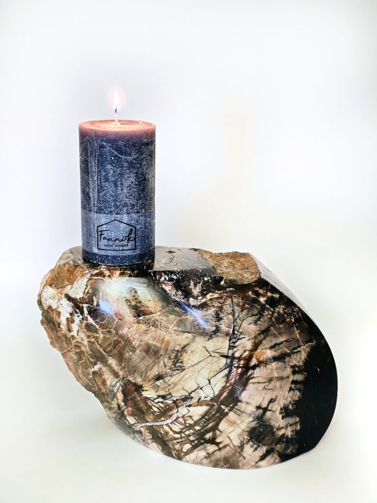 Shadow Vein Candle Base — petrified wood art object by Petravo